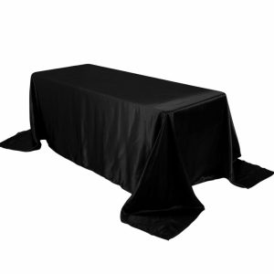 Satin |  90″x132″ Black Satin Seamless Rectangular Tablecloth for 6 Foot Table With Floor-Length Drop