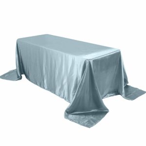 Satin |  90″x132″ Dusty Blue Satin Seamless Rectangular Tablecloth for 6 Foot Table With Floor-Length Drop