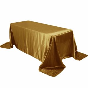 Satin |  90″x132″ Gold Satin Seamless Rectangular Tablecloth for 6 Foot Table With Floor-Length Drop