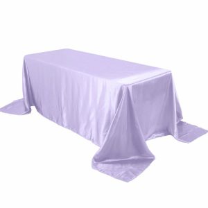 Satin |  90″x132″ Lavender Lilac Satin Seamless Rectangular Tablecloth for 6 Foot Table With Floor-Length Drop