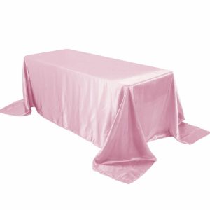 Satin |  90″x132″ Pink Satin Seamless Rectangular Tablecloth for 6 Foot Table With Floor-Length Drop