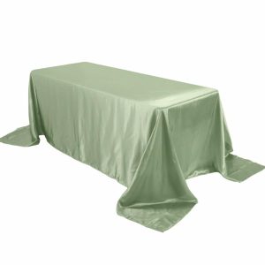 Satin |  90″x132″ Sage Green Satin Seamless Rectangular Tablecloth for 6 Foot Table With Floor-Length Drop