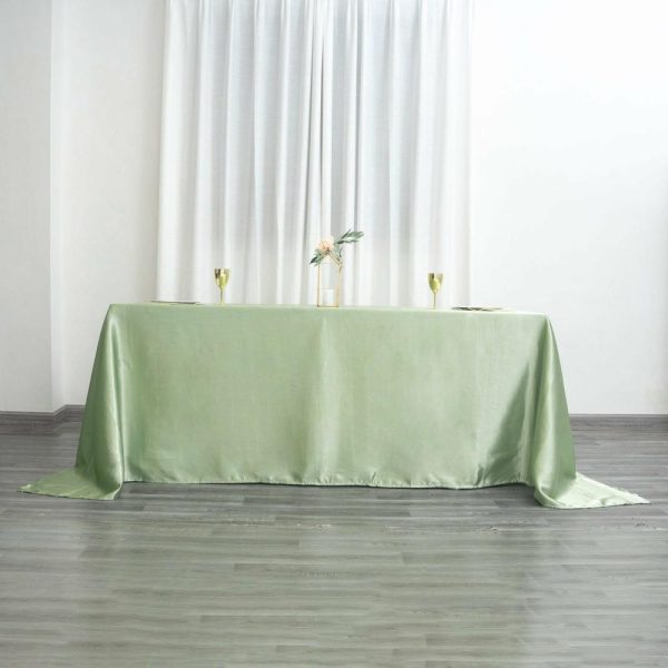 Satin |  90″x132″ Sage Green Satin Seamless Rectangular Tablecloth for 6 Foot Table With Floor-Length Drop