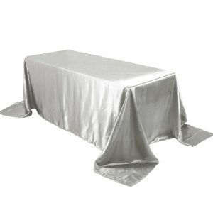 Satin |  90″x132″ Silver Satin Seamless Rectangular Tablecloth for 6 Foot Table With Floor-Length Drop