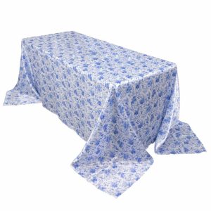 Satin |  90″x132″ White Blue Seamless Satin Rectangular Tablecloth in French Toile Floral Pattern, Wrinkle Resistant Tablecloth for 6 Foot Table With Floor-Length Drop