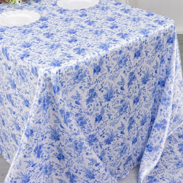 Satin |  90″x132″ White Blue Seamless Satin Rectangular Tablecloth in French Toile Floral Pattern, Wrinkle Resistant Tablecloth for 6 Foot Table With Floor-Length Drop