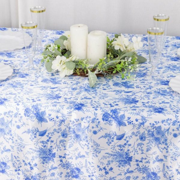 Satin |  90″x132″ White Blue Seamless Satin Rectangular Tablecloth in French Toile Floral Pattern, Wrinkle Resistant Tablecloth for 6 Foot Table With Floor-Length Drop