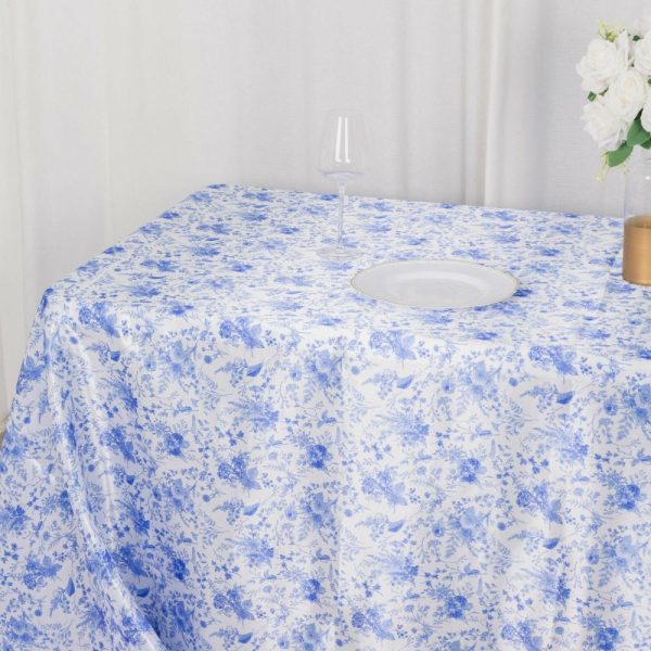 Satin |  90″x132″ White Blue Seamless Satin Rectangular Tablecloth in French Toile Floral Pattern, Wrinkle Resistant Tablecloth for 6 Foot Table With Floor-Length Drop