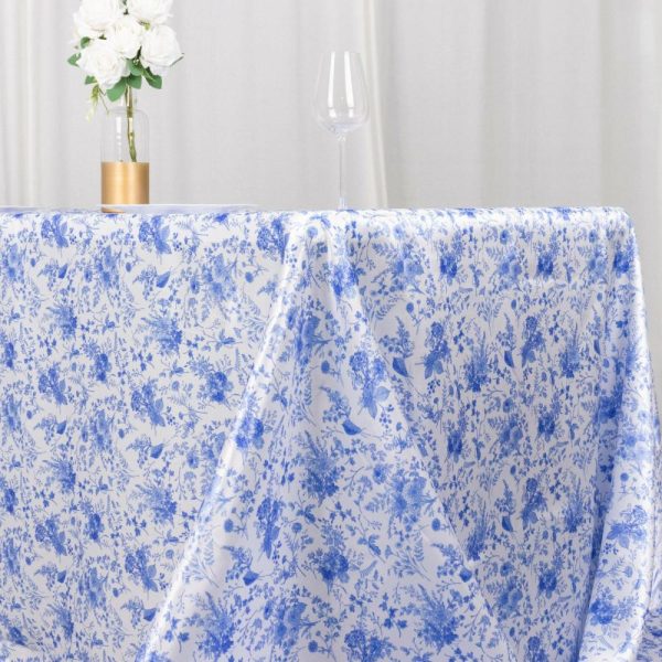 Satin |  90″x132″ White Blue Seamless Satin Rectangular Tablecloth in French Toile Floral Pattern, Wrinkle Resistant Tablecloth for 6 Foot Table With Floor-Length Drop