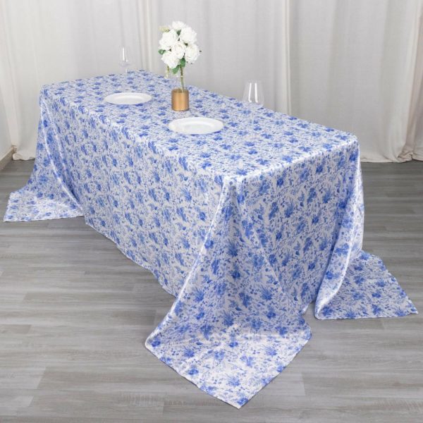 Satin |  90″x132″ White Blue Seamless Satin Rectangular Tablecloth in French Toile Floral Pattern, Wrinkle Resistant Tablecloth for 6 Foot Table With Floor-Length Drop