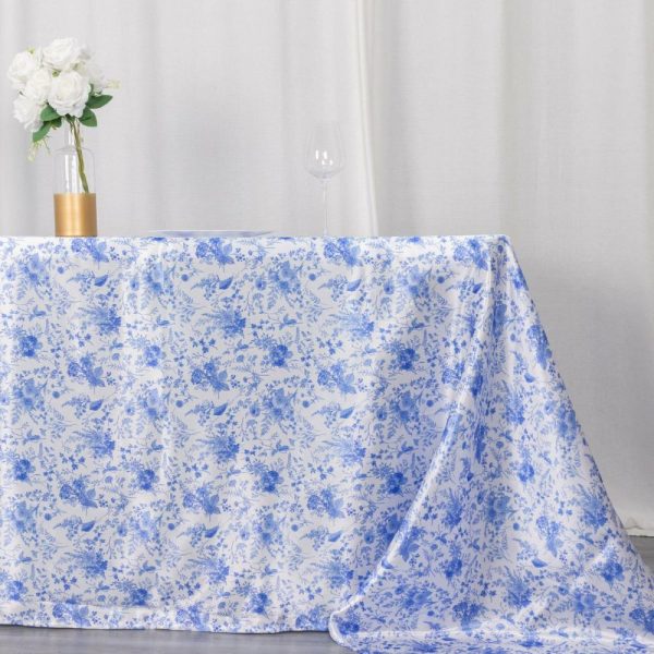 Satin |  90″x132″ White Blue Seamless Satin Rectangular Tablecloth in French Toile Floral Pattern, Wrinkle Resistant Tablecloth for 6 Foot Table With Floor-Length Drop