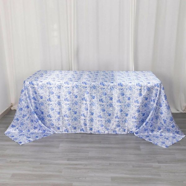 Satin |  90″x132″ White Blue Seamless Satin Rectangular Tablecloth in French Toile Floral Pattern, Wrinkle Resistant Tablecloth for 6 Foot Table With Floor-Length Drop