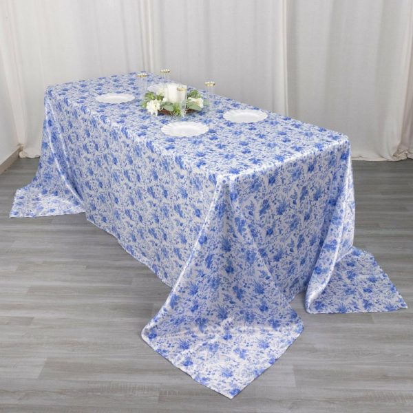 Satin |  90″x132″ White Blue Seamless Satin Rectangular Tablecloth in French Toile Floral Pattern, Wrinkle Resistant Tablecloth for 6 Foot Table With Floor-Length Drop