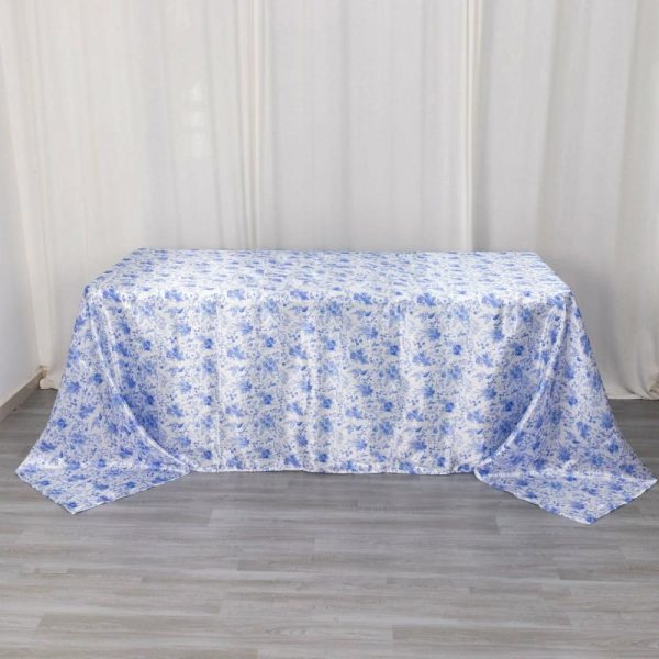 Satin |  90″x132″ White Blue Seamless Satin Rectangular Tablecloth in French Toile Floral Pattern, Wrinkle Resistant Tablecloth for 6 Foot Table With Floor-Length Drop