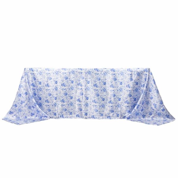 Satin |  90″x132″ White Blue Seamless Satin Rectangular Tablecloth in French Toile Floral Pattern, Wrinkle Resistant Tablecloth for 6 Foot Table With Floor-Length Drop