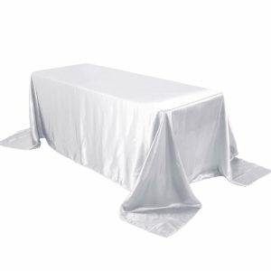 Satin |  90″x132″ White Satin Seamless Rectangular Tablecloth for 6 Foot Table With Floor-Length Drop