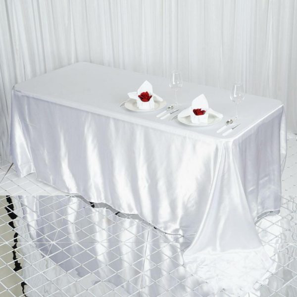 Satin |  90″x132″ White Satin Seamless Rectangular Tablecloth for 6 Foot Table With Floor-Length Drop