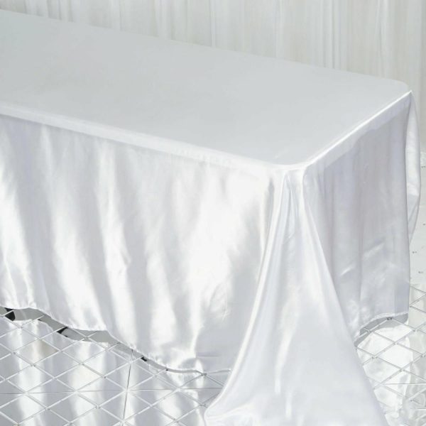 Satin |  90″x132″ White Satin Seamless Rectangular Tablecloth for 6 Foot Table With Floor-Length Drop