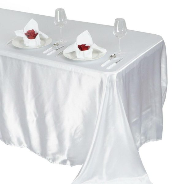 Satin |  90″x132″ White Satin Seamless Rectangular Tablecloth for 6 Foot Table With Floor-Length Drop