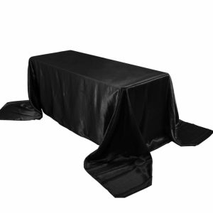 Satin |  90″x156″ Black Seamless Satin Rectangular Tablecloth for 8 Foot Table With Floor-Length Drop