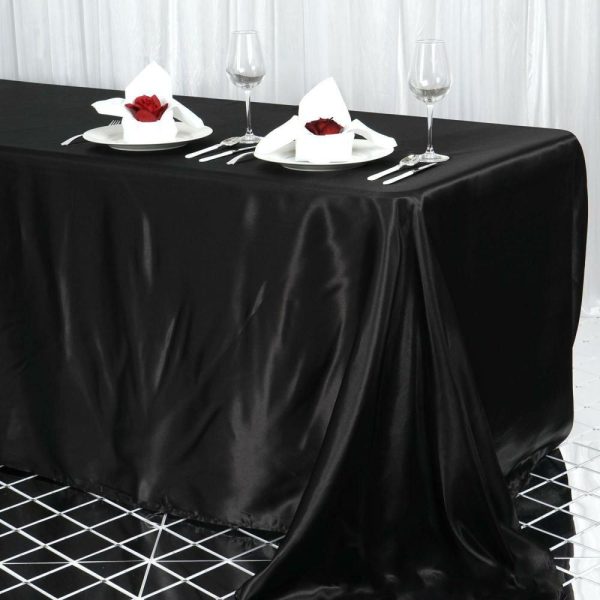 Satin |  90″x156″ Black Seamless Satin Rectangular Tablecloth for 8 Foot Table With Floor-Length Drop