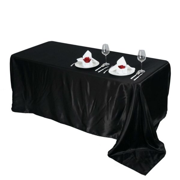 Satin |  90″x156″ Black Seamless Satin Rectangular Tablecloth for 8 Foot Table With Floor-Length Drop