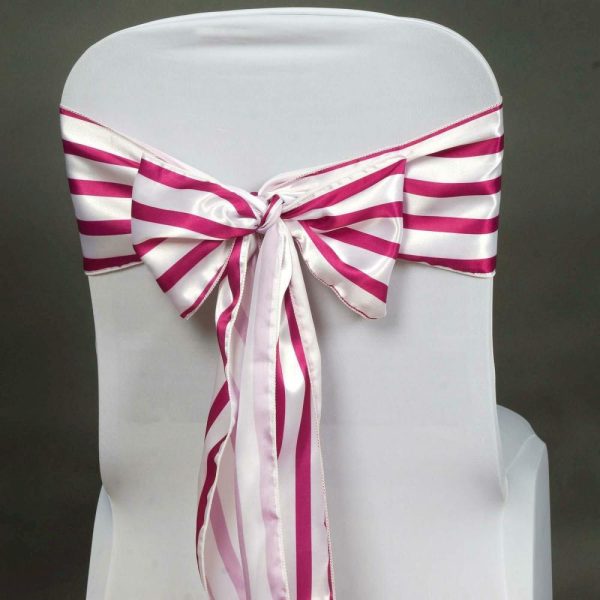 Satin Sashes |  5 Pack 6″x106″ White Fuchsia Satin Stripes Chair Sashes