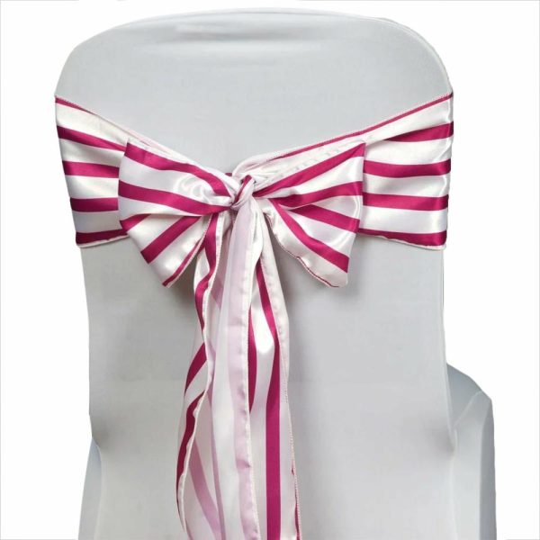 Satin Sashes |  5 Pack 6″x106″ White Fuchsia Satin Stripes Chair Sashes