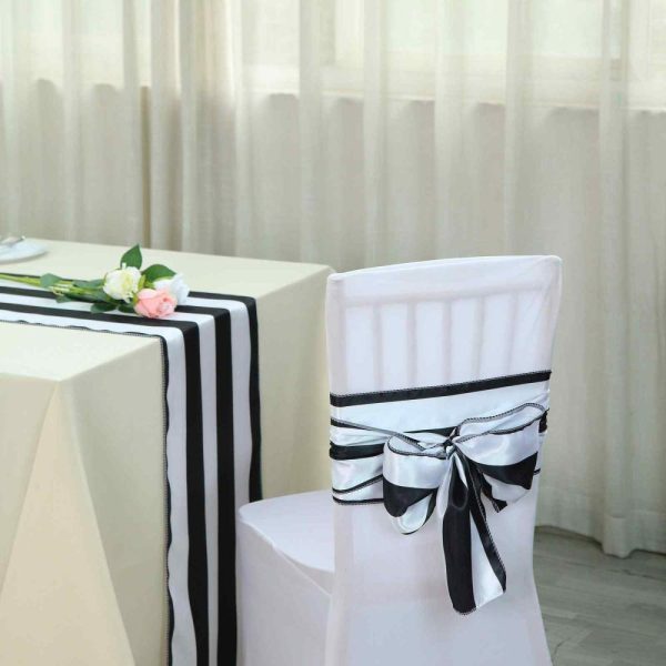 Satin Sashes |  5 Pack 6″x108″ Black and White Stripe Satin Chair Sashes