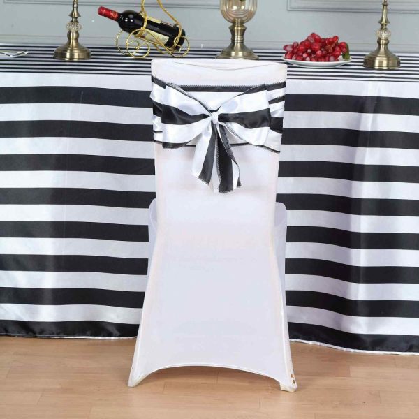 Satin Sashes |  5 Pack 6″x108″ Black and White Stripe Satin Chair Sashes