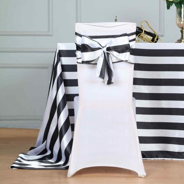 Satin Sashes |  5 Pack 6″x108″ Black and White Stripe Satin Chair Sashes