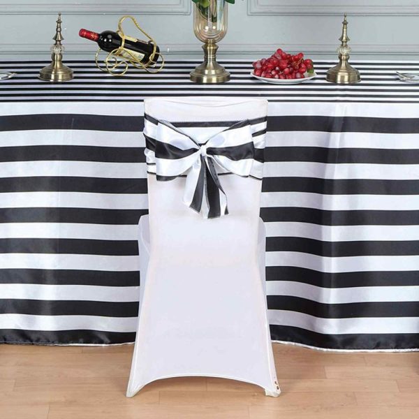 Satin Sashes |  5 Pack 6″x108″ Black and White Stripe Satin Chair Sashes