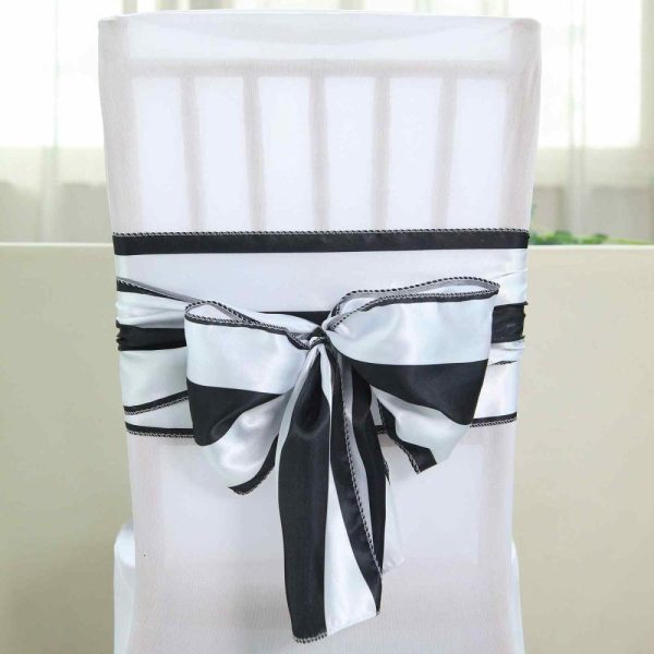 Satin Sashes |  5 Pack 6″x108″ Black and White Stripe Satin Chair Sashes