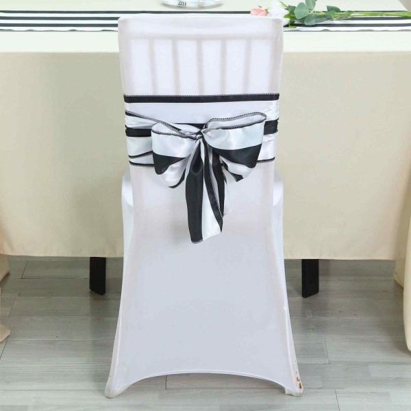 Satin Sashes |  5 Pack 6″x108″ Black and White Stripe Satin Chair Sashes