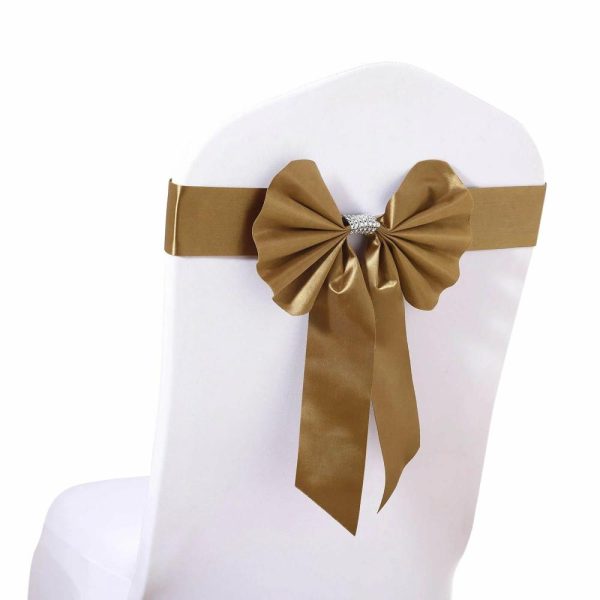 Satin Sashes |  5 Pack Gold Reversible Chair Sashes with Buckles, Double Sided Pre-tied Bow Tie Chair Bands Satin and Faux Leather