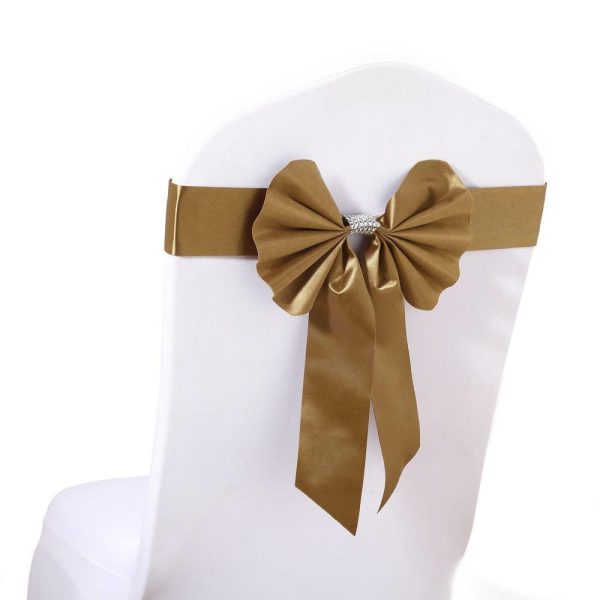 Satin Sashes |  5 Pack Gold Reversible Chair Sashes with Buckles, Double Sided Pre-tied Bow Tie Chair Bands Satin and Faux Leather