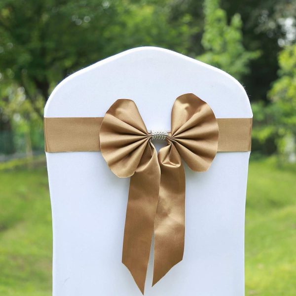 Satin Sashes |  5 Pack Gold Reversible Chair Sashes with Buckles, Double Sided Pre-tied Bow Tie Chair Bands Satin and Faux Leather