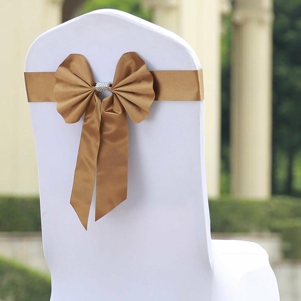 Satin Sashes |  5 Pack Gold Reversible Chair Sashes with Buckles, Double Sided Pre-tied Bow Tie Chair Bands Satin and Faux Leather