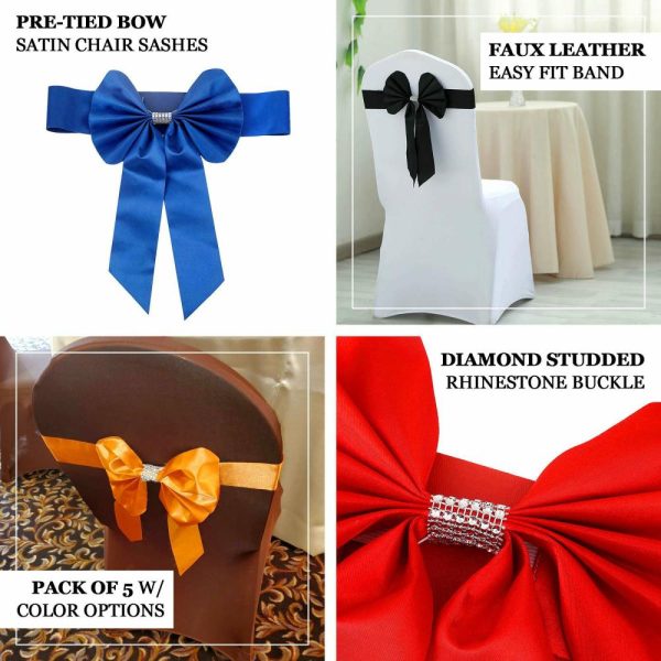 Satin Sashes |  5 Pack Gold Reversible Chair Sashes with Buckles, Double Sided Pre-tied Bow Tie Chair Bands Satin and Faux Leather