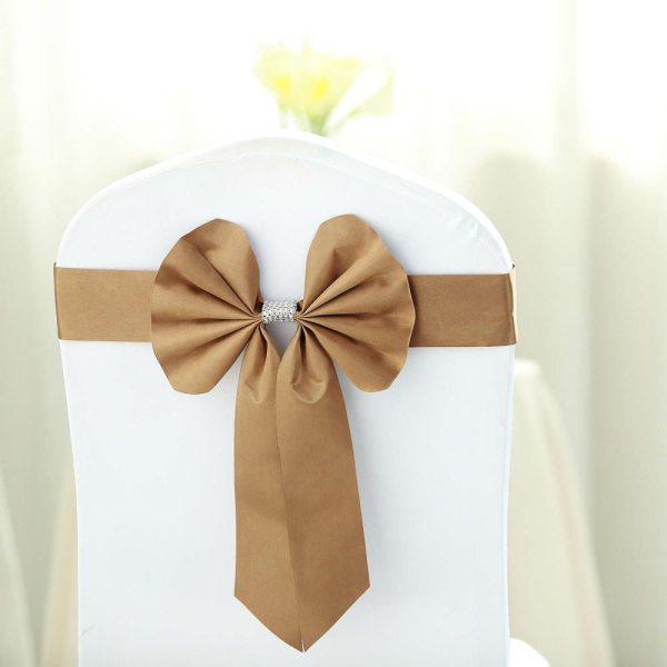 Satin Sashes |  5 Pack Gold Reversible Chair Sashes with Buckles, Double Sided Pre-tied Bow Tie Chair Bands Satin and Faux Leather