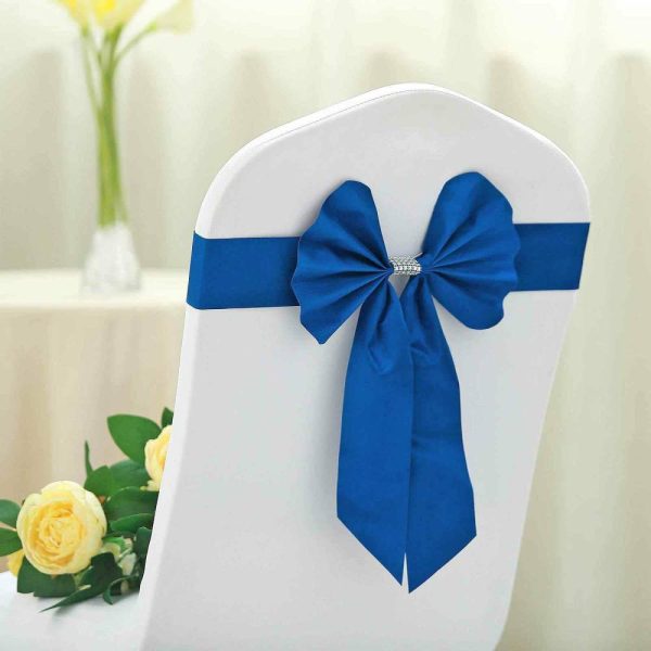 Satin Sashes |  5 Pack Royal Blue Reversible Chair Sashes with Buckles, Double Sided Pre-tied Bow Tie Chair Bands Satin and Faux Leather