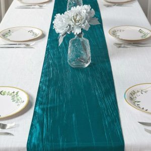 Satin & Taffeta Runners |  12″x108″ Accordion Crinkle Taffeta Table Runner, Elegant Linen Runner – Teal