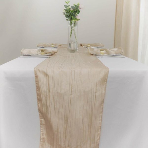 Satin & Taffeta Runners |  12″x108″ Beige Accordion Crinkle Taffeta Table Runner, Elegant Linen Runner