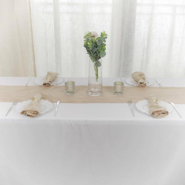 Satin & Taffeta Runners |  12″x108″ Beige Accordion Crinkle Taffeta Table Runner, Elegant Linen Runner