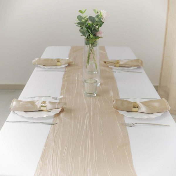 Satin & Taffeta Runners |  12″x108″ Beige Accordion Crinkle Taffeta Table Runner, Elegant Linen Runner