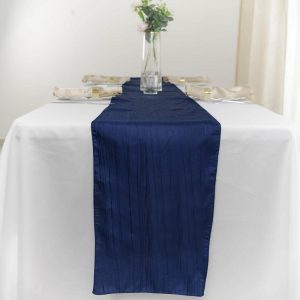 Satin & Taffeta Runners |  12″x108″ Navy Blue Accordion Crinkle Taffeta Table Runner, Elegant Linen Runner