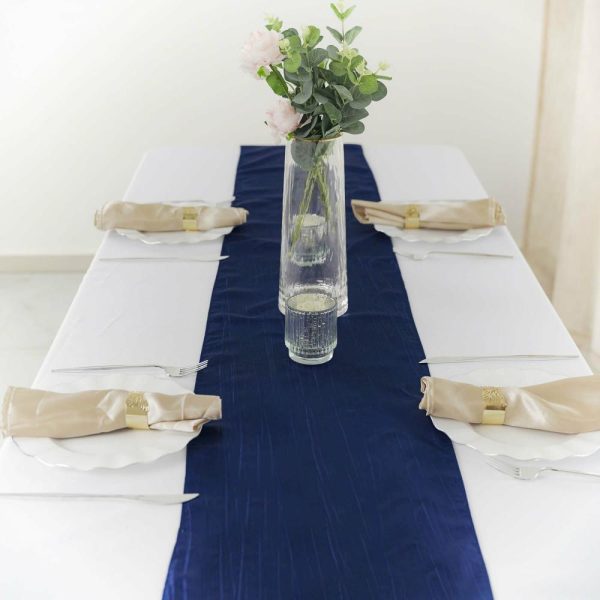 Satin & Taffeta Runners |  12″x108″ Navy Blue Accordion Crinkle Taffeta Table Runner, Elegant Linen Runner