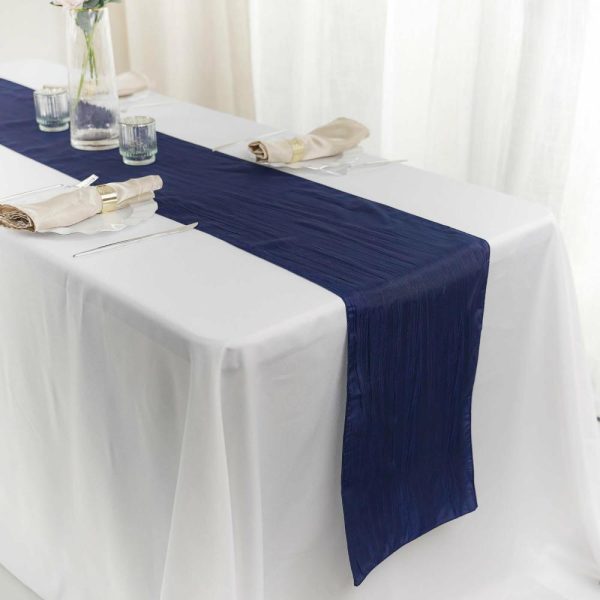 Satin & Taffeta Runners |  12″x108″ Navy Blue Accordion Crinkle Taffeta Table Runner, Elegant Linen Runner