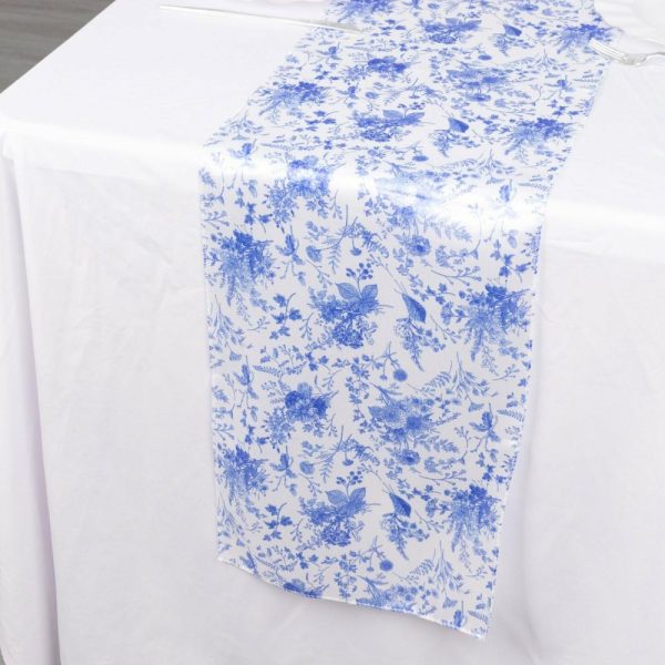 Satin & Taffeta Runners |  12″x108″ White Blue Satin Table Runner in French Toile Floral Pattern