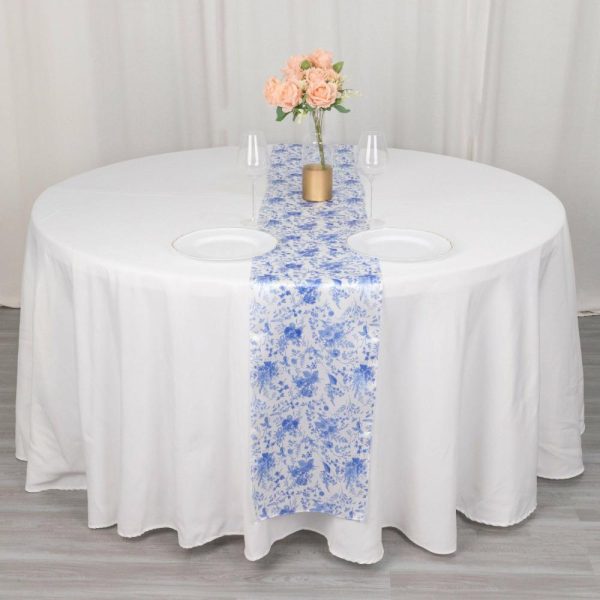 Satin & Taffeta Runners |  12″x108″ White Blue Satin Table Runner in French Toile Floral Pattern